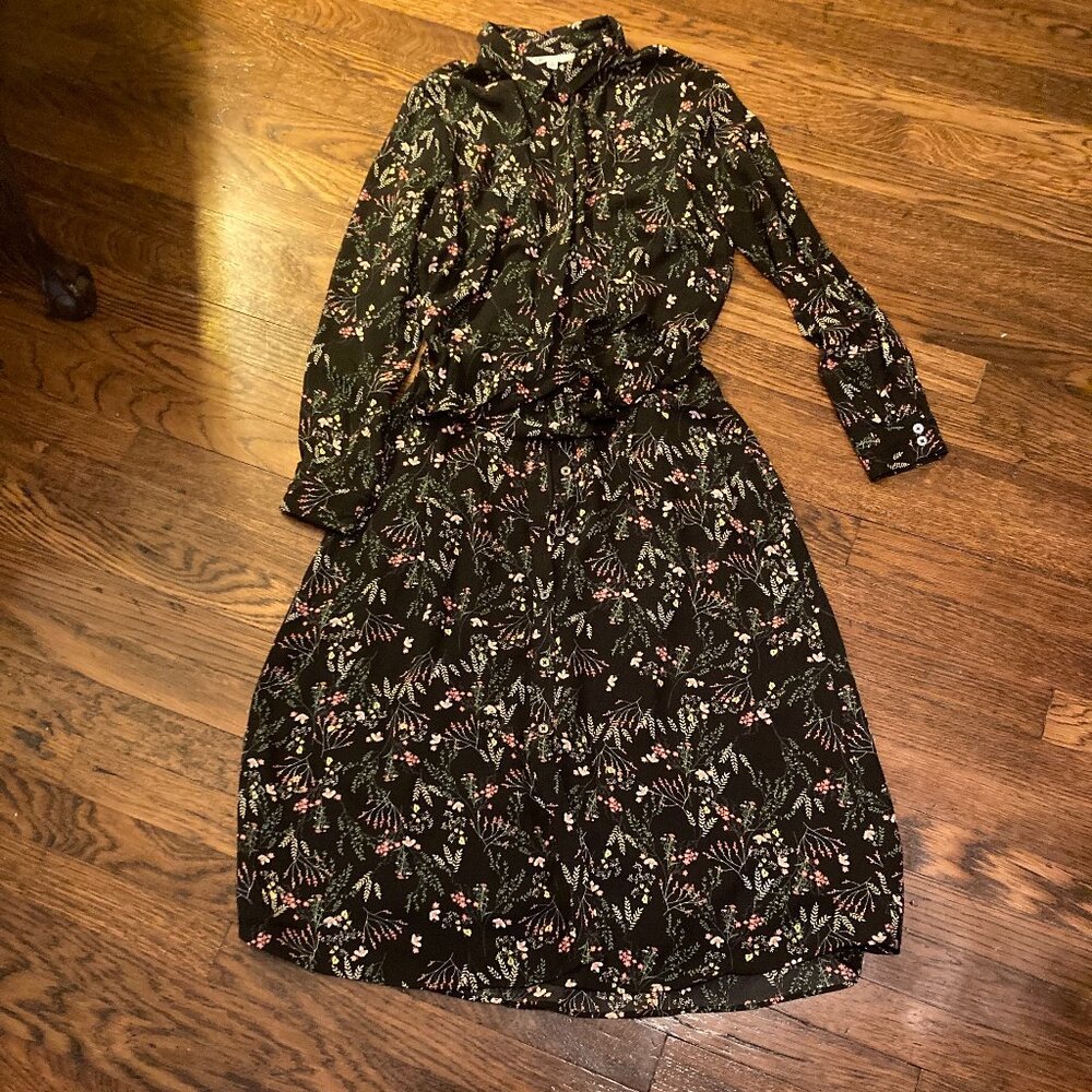 DR2 Black Floral Shirt Dress Lined Size Small